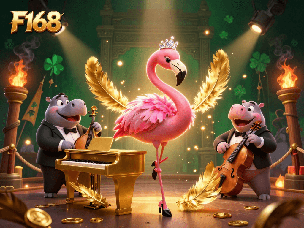 Experience the excitement of F168 with lively characters in a vibrant casino scene featuring dynamic elements.