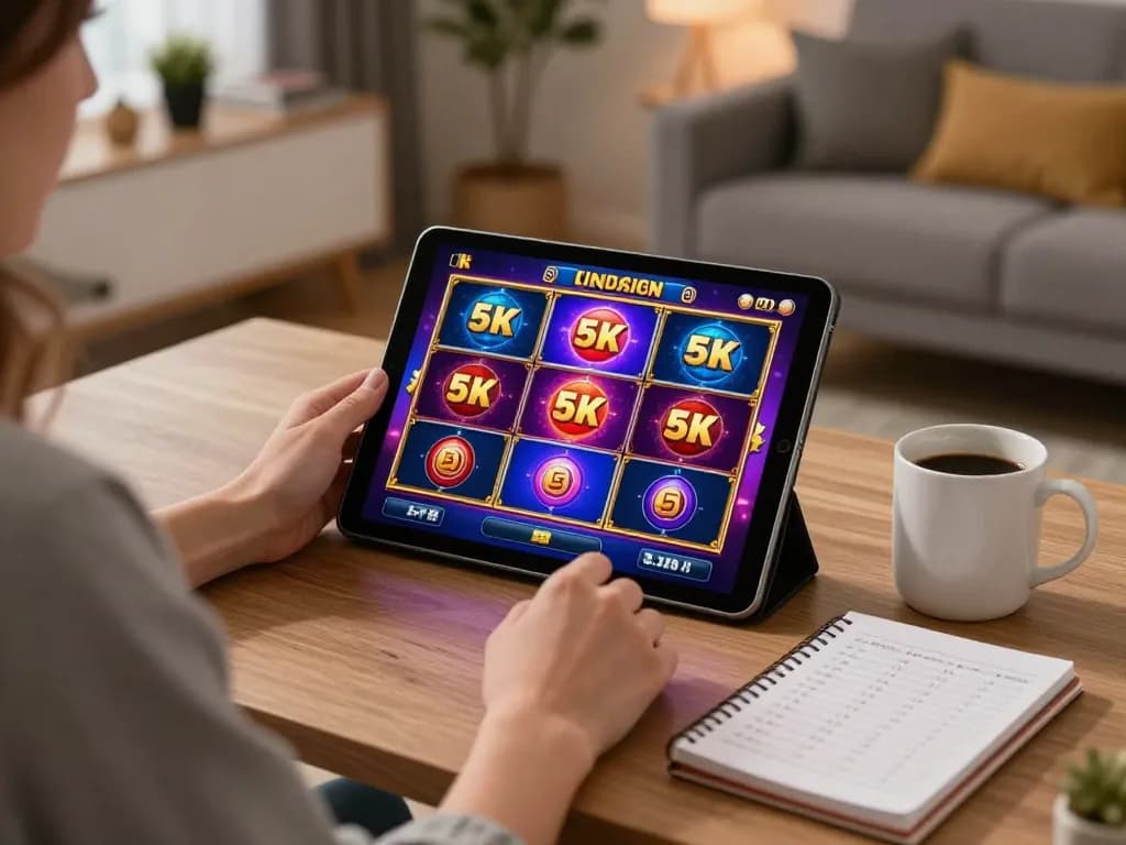 Playing slot 5k games on a tablet in a cozy home setup, highlighting strategic gameplay.