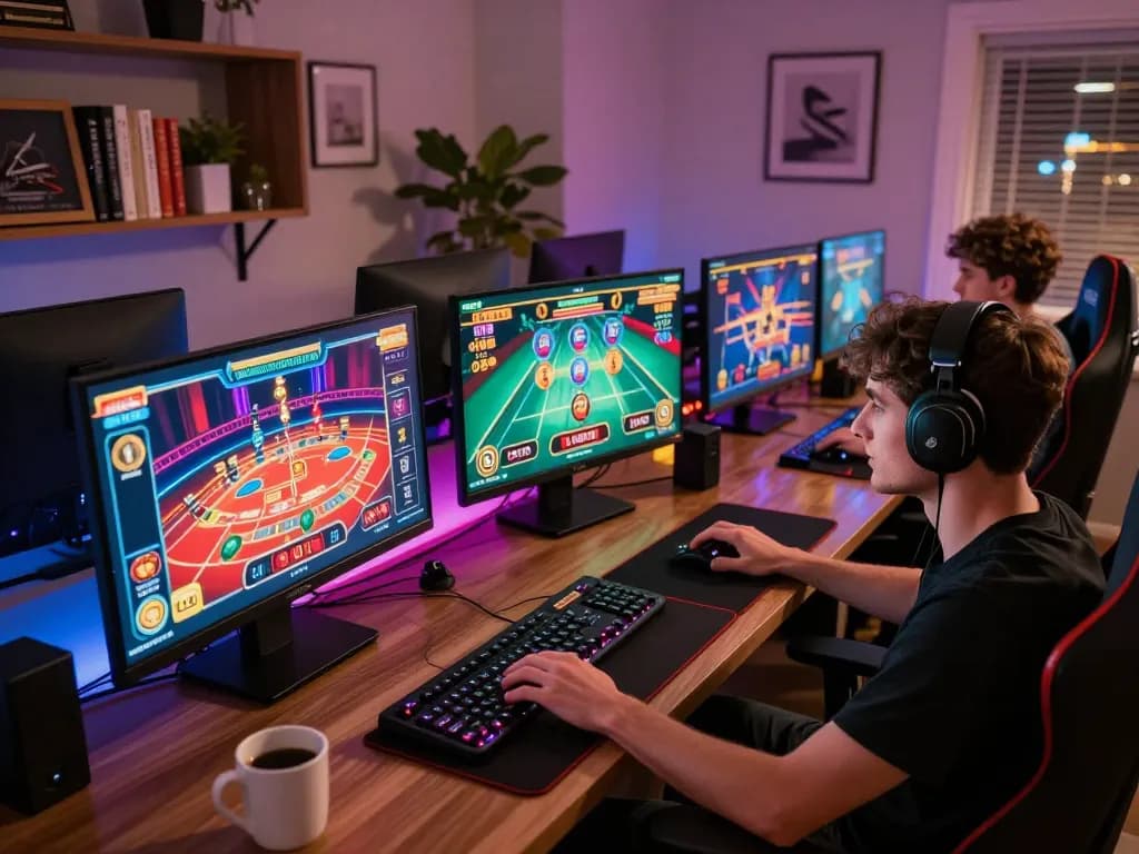 MMOO gaming setup with multiple screens showing dynamic casino games in a modern home environment