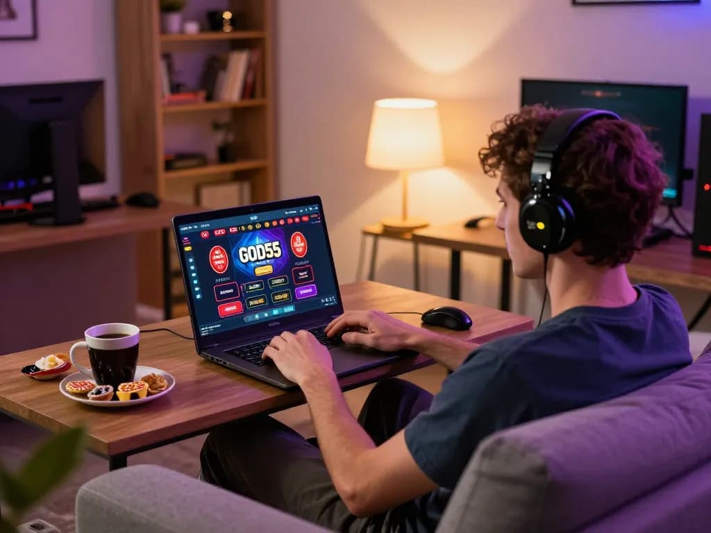 Player enjoying online gaming experience at God55 with laptop on a cozy sofa.