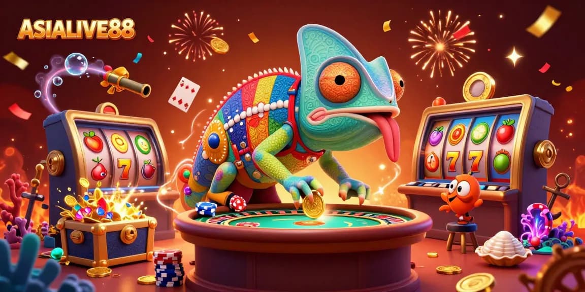 Experience exciting gameplay at ASIALIVE88 with a vibrant casino-themed illustration full of slot game elements.