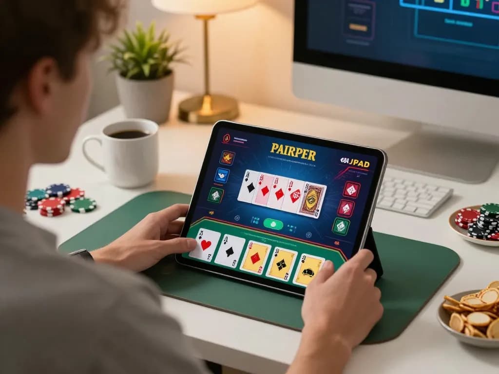 Bromo888 player enjoying strategic poker action at home with tablet device.
