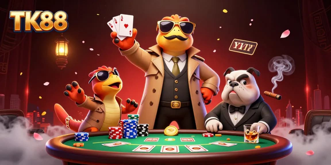 Play poker at TK88 with raptors seeking entry into a VIP lounge, amidst colorful chips and cards.
