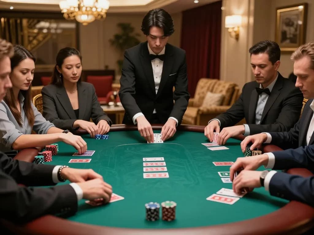 A group of players enjoying a strategic poker game at vipwin, focused on their cards and chips.