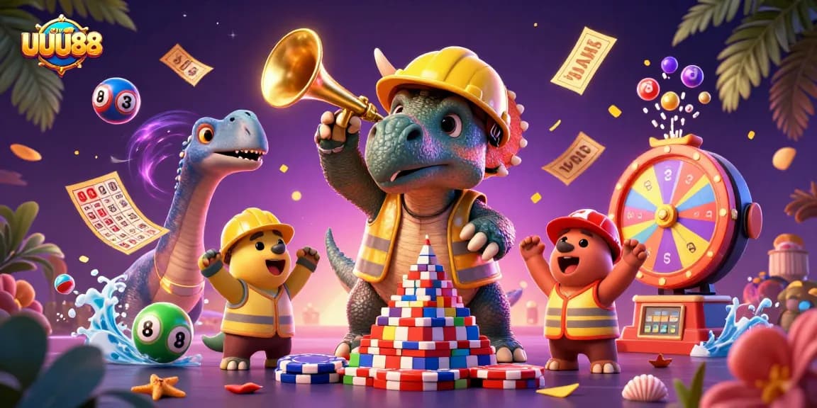 Engage with UUU88 in a vibrant casino scene featuring 3D dinosaur characters and dynamic gaming elements.