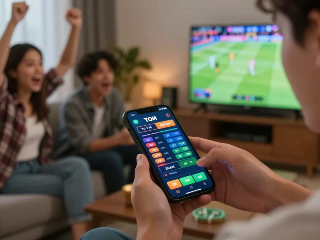Engaging in sports betting on MK8 through a smartphone while watching a live game with friends.
