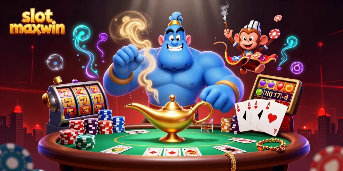 Slot maxwin dalam ilustrasi menarik dengan karakter genie, koin emas, dan elemen kasino lainnya.