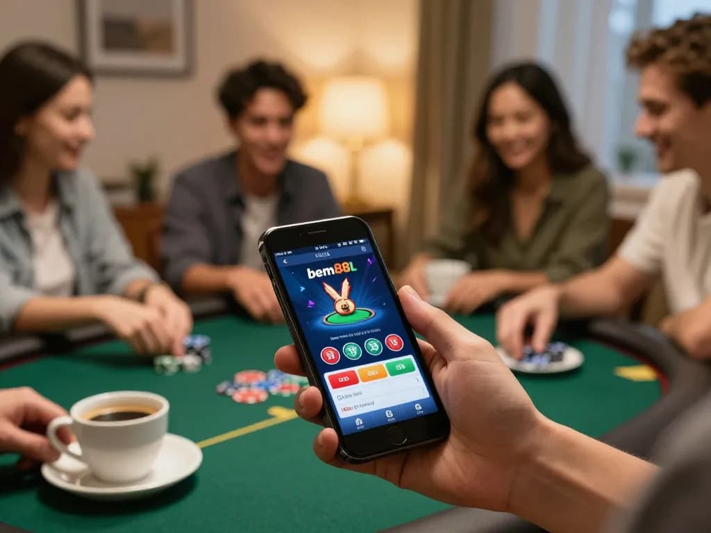 Engaged players enjoying bem88l on a smartphone at a cozy home poker night with strategic discussions.