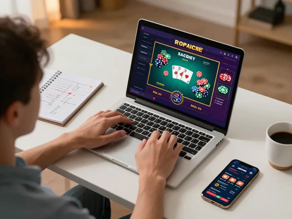 Player strategizing for sin88 online casino while using laptop for betting, showcasing an immersive gaming setup.
