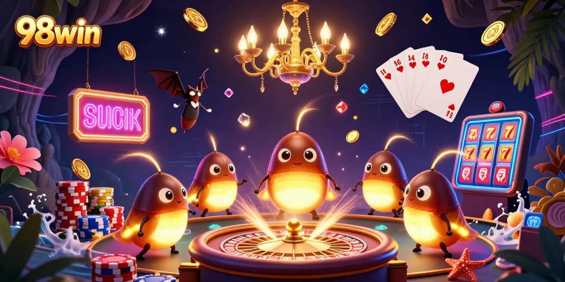 Engage with 98win's vibrant casino atmosphere, illuminated by glowworms amidst dynamic gaming elements.
