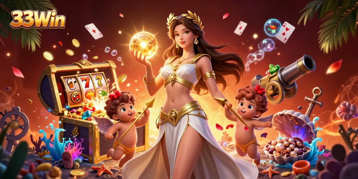 Experience the excitement of 33Win with a goddess-themed casino illustration showcasing vibrant elements and treasures.