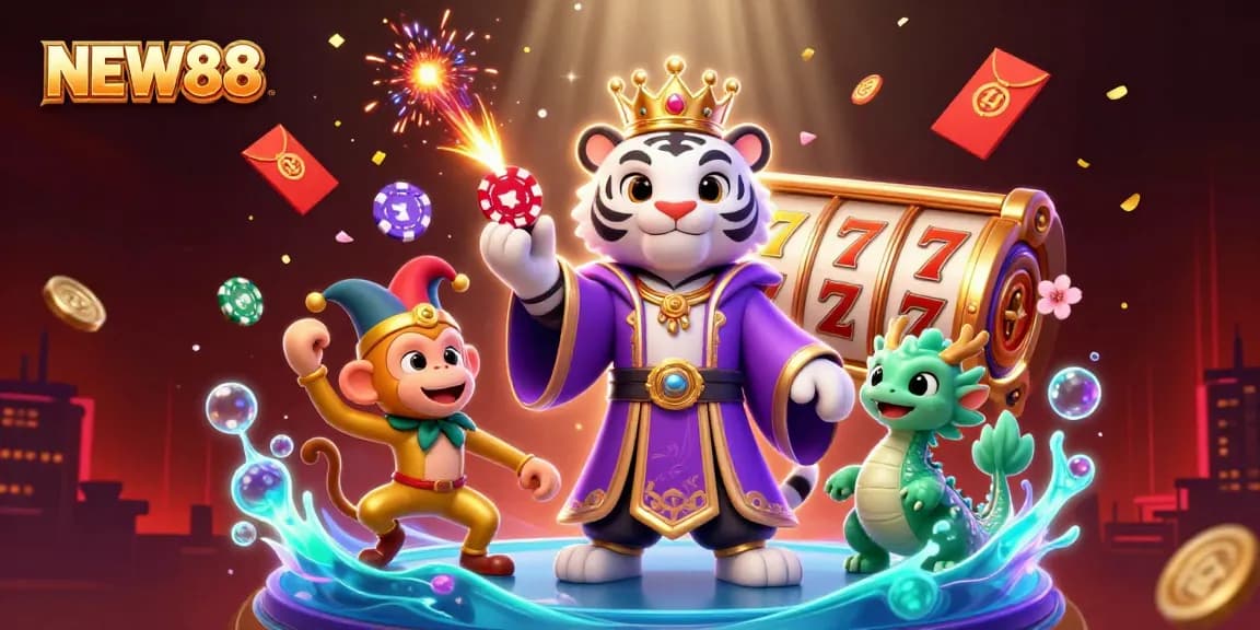 Engage in thrilling gameplay with NEW88's vibrant 3D casino illustration showcasing a cartoon tiger, golden monkey, and jade dragon.