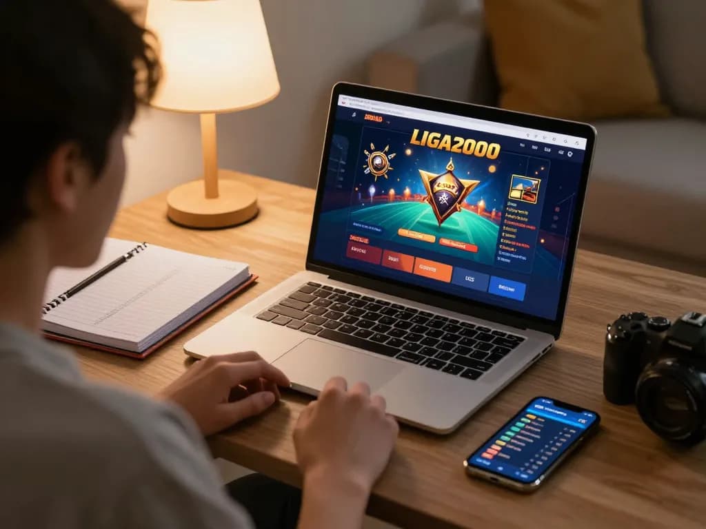 LIGA2000 online gaming session at home highlights strategic betting on a laptop with notebooks.