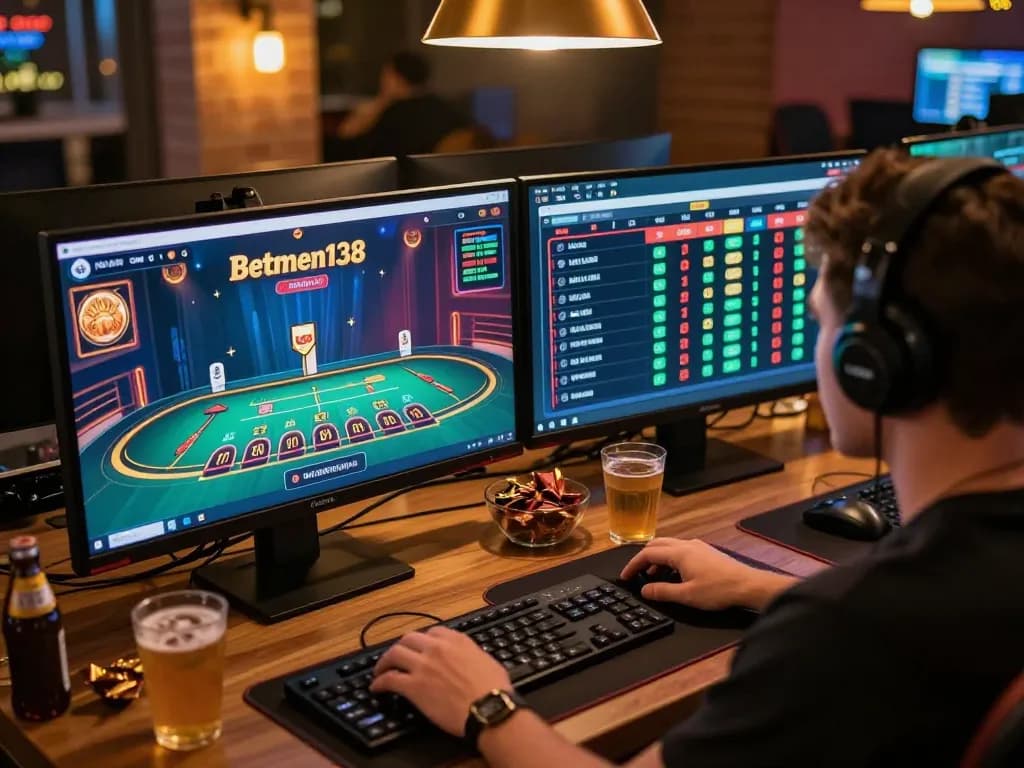 Player engaging with Betmen138 online casino setup, showcasing blackjack and betting options in cozy gaming space.