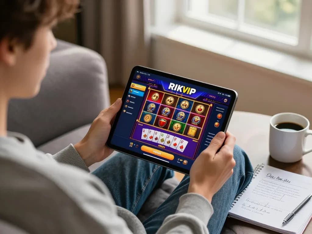 Enjoying a strategic gaming session on RIKVIP app from the comfort of home.