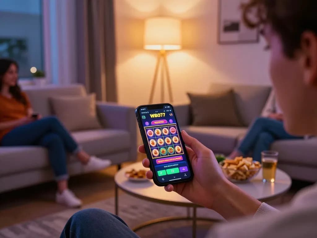Pengalaman bermain game mobile yang menarik dengan aplikasi WBO77, menampilkan slot berputar dan suasana santai