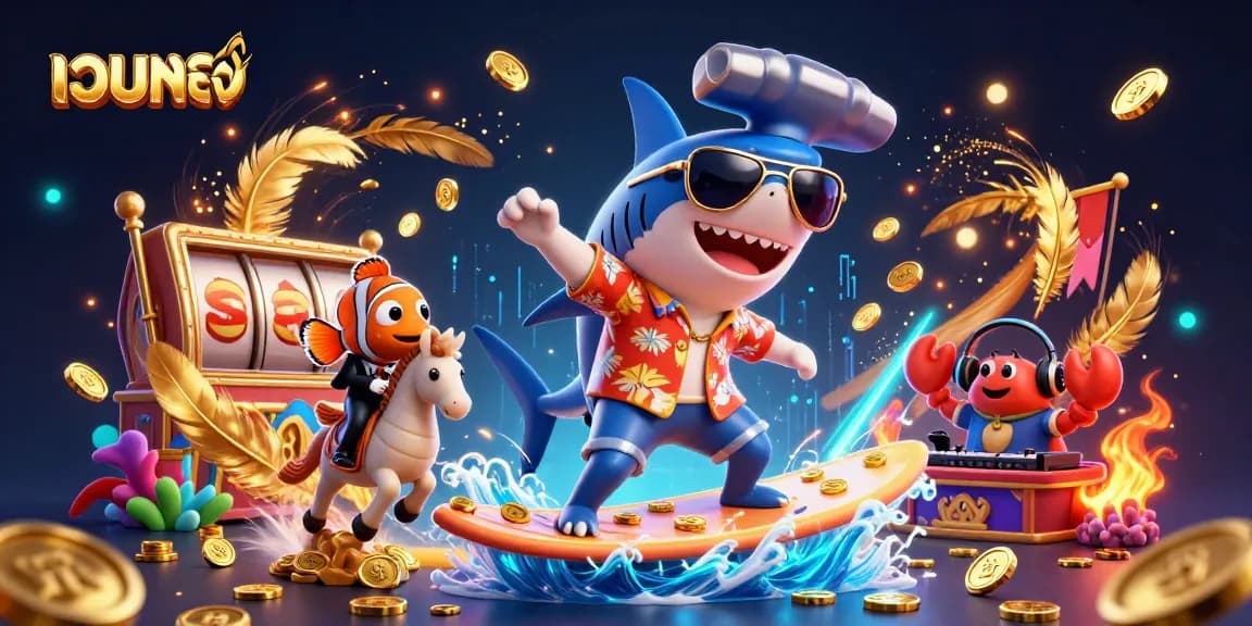 Experience เว็บตรง gaming excitement with a vibrant 3D shark surfing on gold coins, creating a thrilling casino scene.