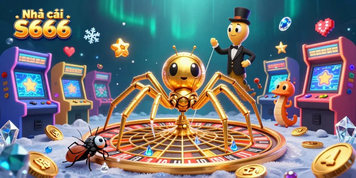 Engaging gaming scene with Nhà cái S666 showcasing a golden spider, roulette wheel, and colorful arcade machines.