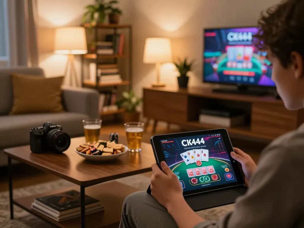 Player engaging in online gaming on CK444 with a tablet and snacks in a cozy home setting.