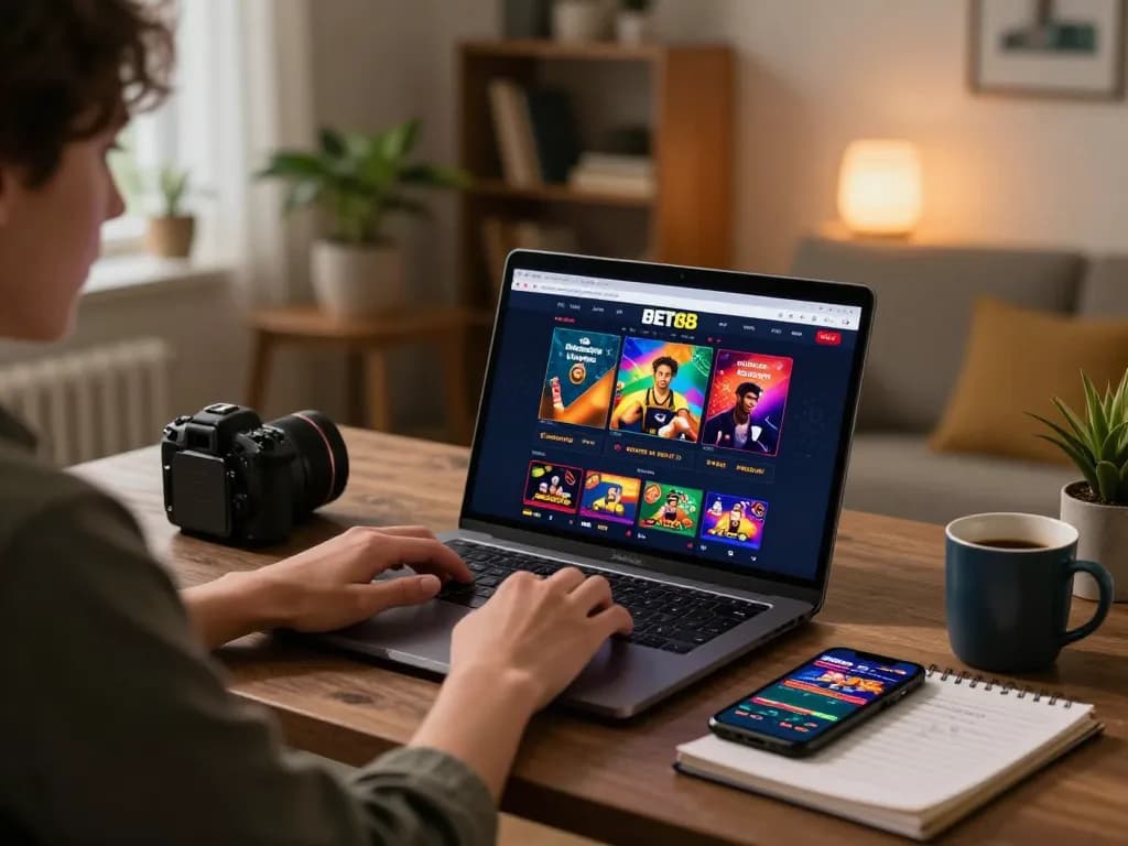 Playing online casino games on BET88 with a laptop and smartphone in a modern home office.