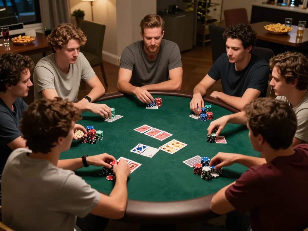 Friends enjoying an engaging poker game at home, capturing the excitement of gambling with nowgoal strategies.