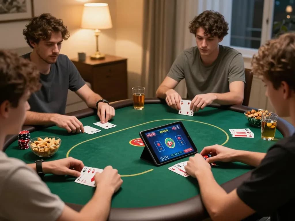 KONG88 players engaging in an exciting online poker game at home with a cozy setup.