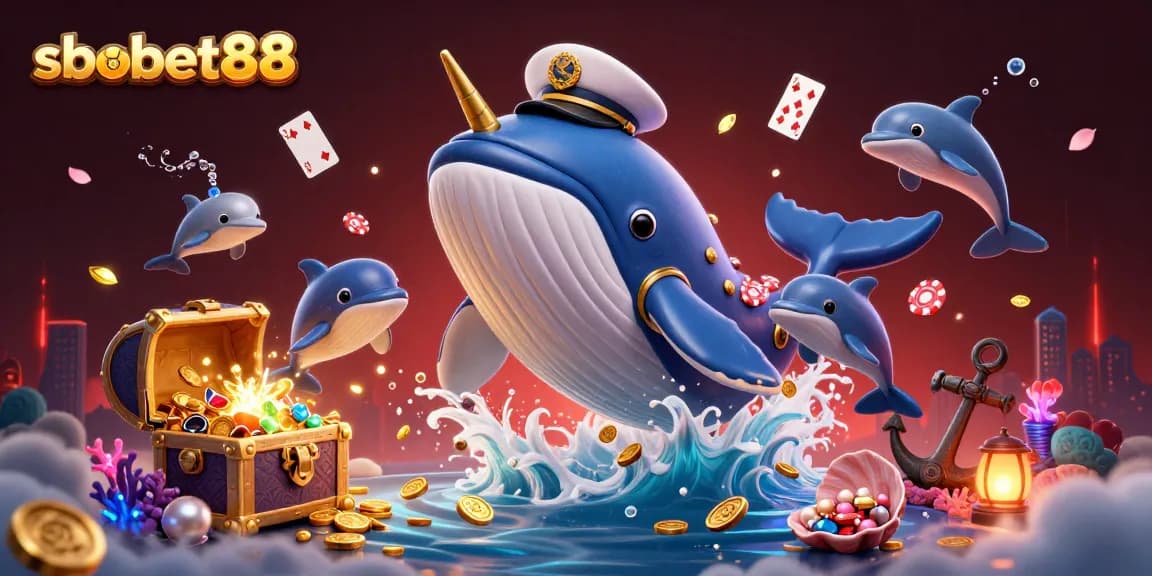 sbobet88 enhances the thrill of winning with a vibrant underwater casino adventure featuring playful dolphins and a treasure-seeking whale.