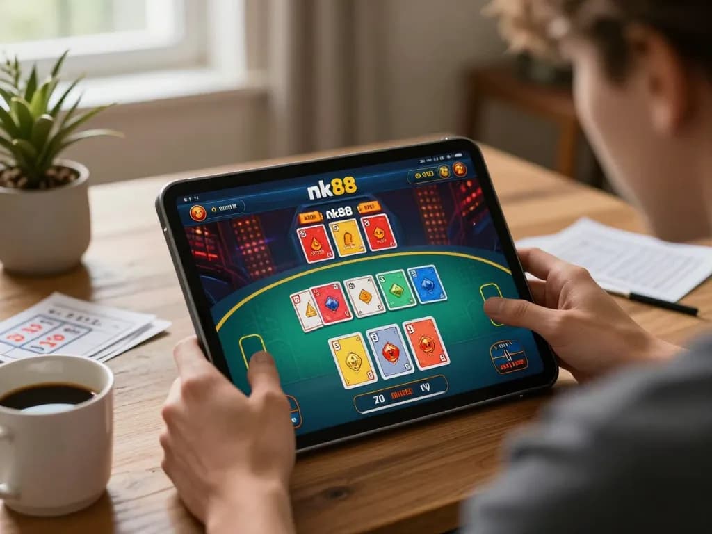 Player enjoying exciting nk88 online casino game on tablet in cozy home environment