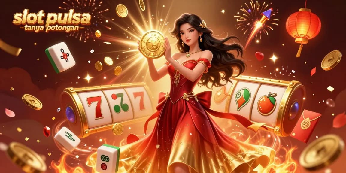 Experience exciting slot pulsa tanpa potongan offered by a stunning Asian woman holding a golden coin amid a vibrant casino celebration.