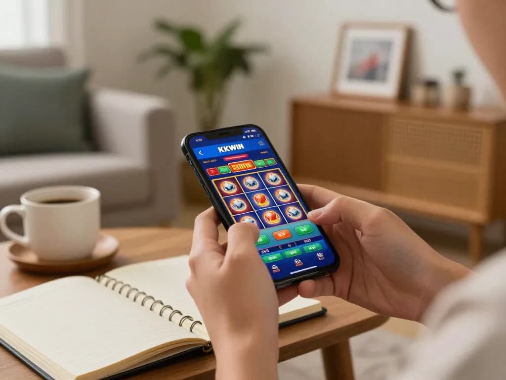 Player enjoying mobile gaming on KKWIN app in a cozy home environment with strategic notes.