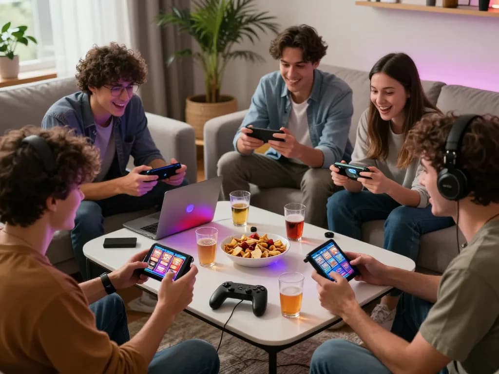 Exciting gaming scene with players engaging in zeus138 online slot games in a cozy living room.