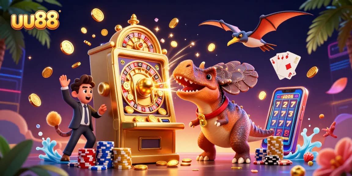 uu88 showcases an intense gambling scene with dinosaurs and a golden slot machine.