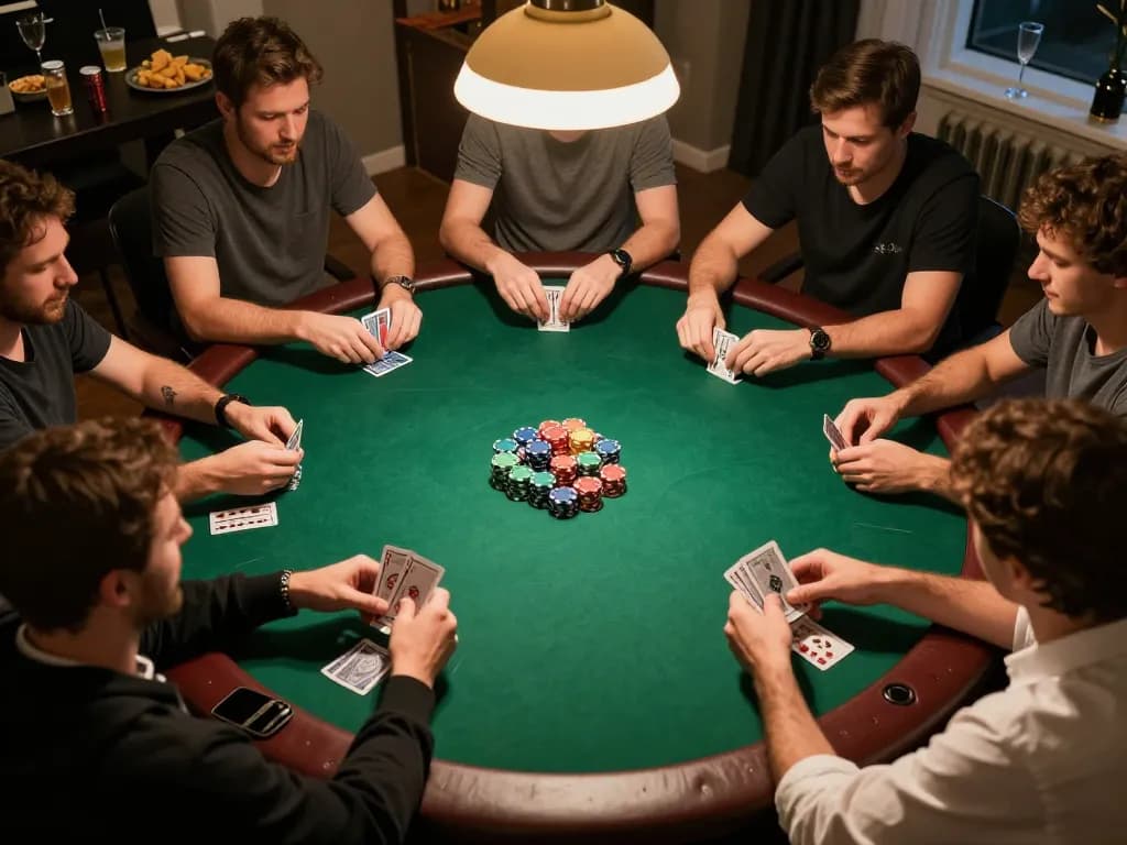 cm88 players enjoying an exciting poker game night with chips and cards on the table, basking in warm lighting