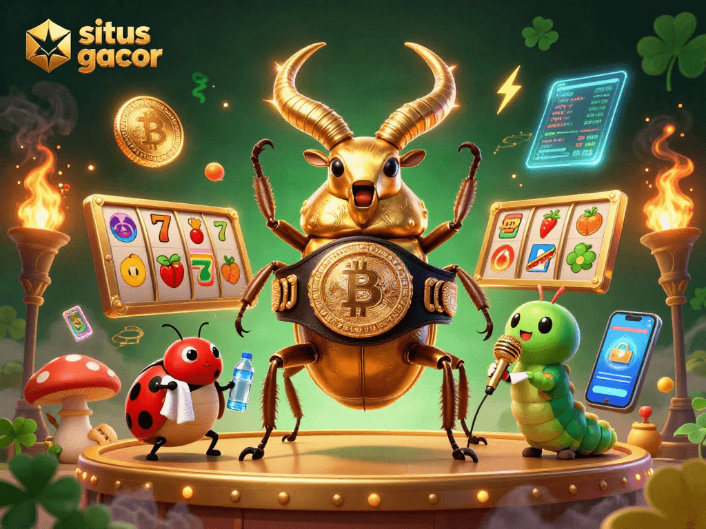 Situs gacor showcases an epic boxing match scene featuring a golden stag beetle champion.