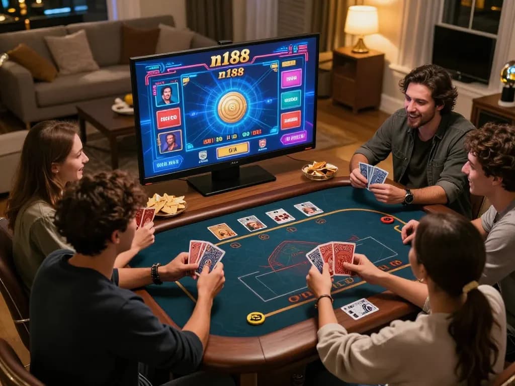 Friends enthusiastically playing n188 online casino games together at home, showcasing a lively gaming atmosphere