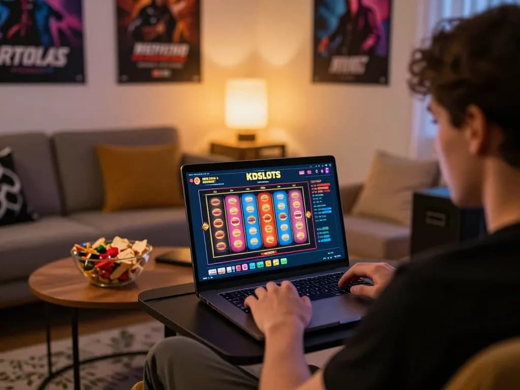 Engaging gameplay on KDSLOTS platform with vibrant slot reels spinning in cozy home setting.