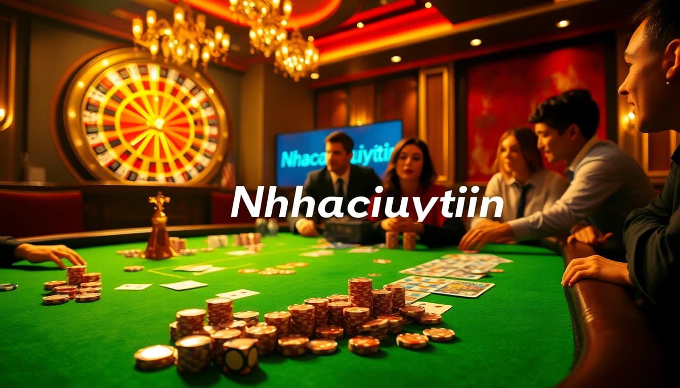 Players enjoying a thrilling poker game with Nhacaiuytin branding in a luxurious casino atmosphere.