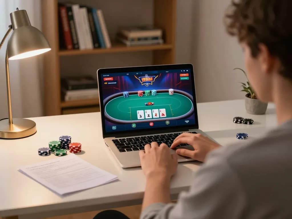 Engaged player utilizing iwin club for online poker strategy at home, showcasing notes and laptop.
