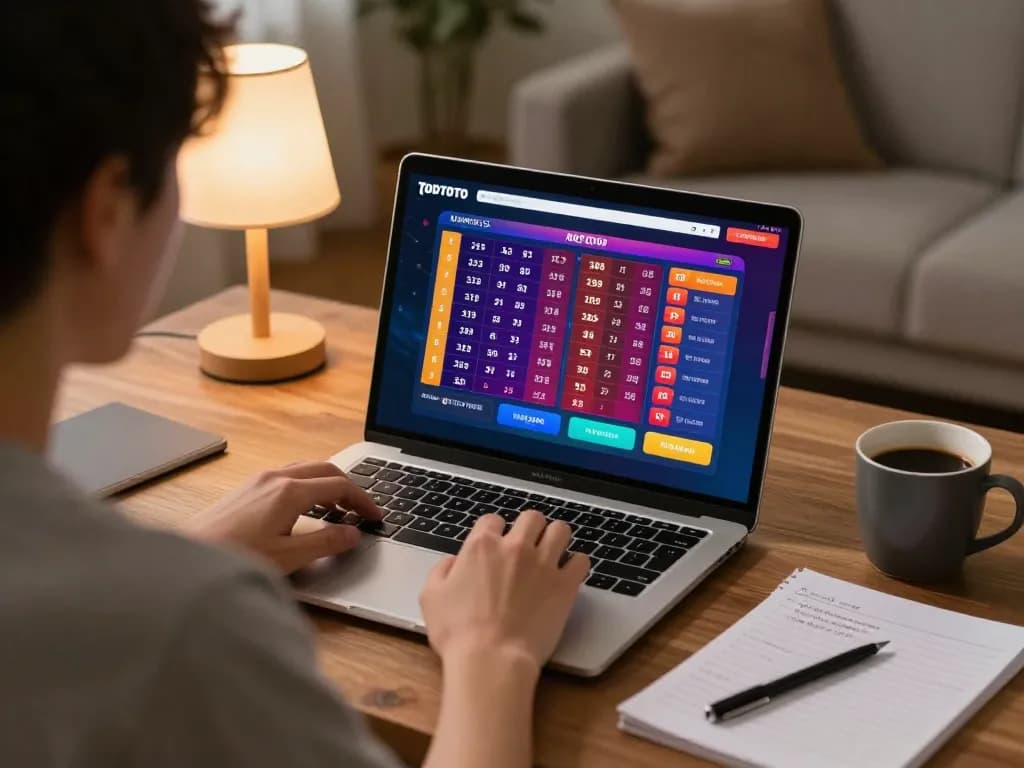 KDTOTO player engaging in online togel betting with a cozy home setup.