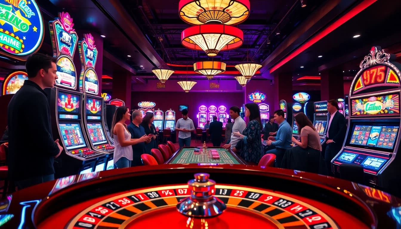 Engaging scene of casino bonuses excitement with players enjoying roulette and slot machines.