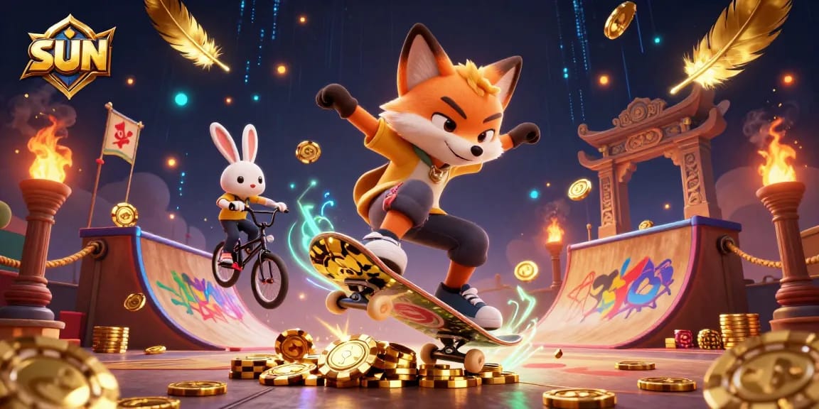 Skateboarding fox showcasing thrilling tricks in a vibrant casino-themed 3D scene featuring casino symbols.
