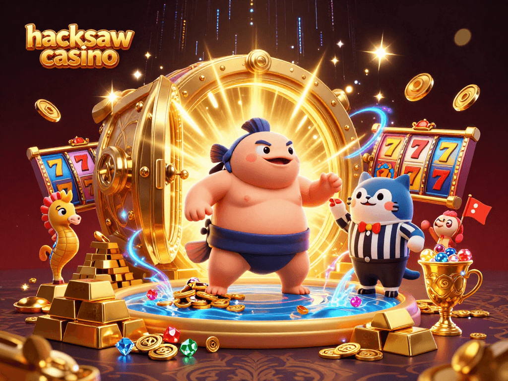 Experience the thrills of hacksaw casino with vibrant slot reels and lively characters in a 3D scene.