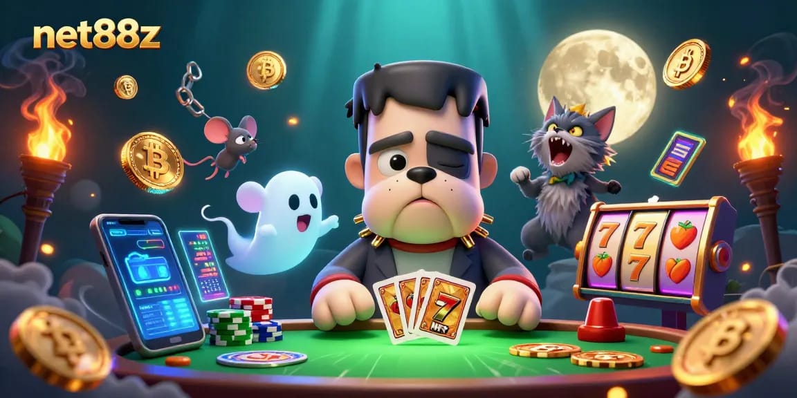Engage with net88z as the Frankenstein bulldog monster deals cards amidst glowing crypto coins and slot reels.