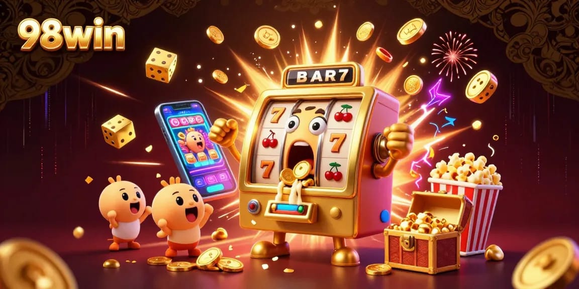 98win slot machine hits jackpot with gold coins pouring out, surrounded by cheering machines and festive elements