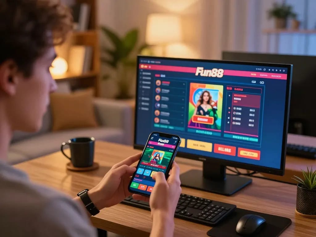 Player engaging with Fun88 app for live betting in a cozy home setting.