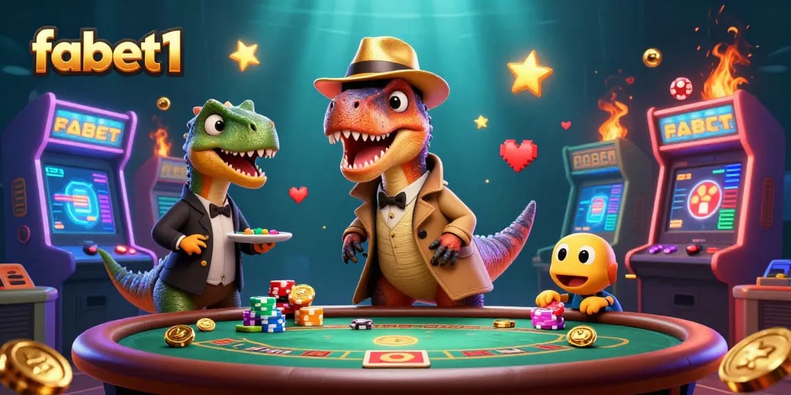 Experience fabet1's vibrant casino scene with a velociraptor card counter and exciting arcade elements.