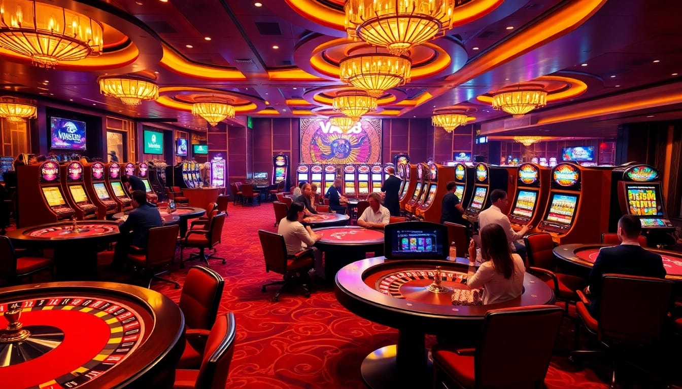 VA88 casino floor depicting thrilling poker, roulette, and slot machine action.