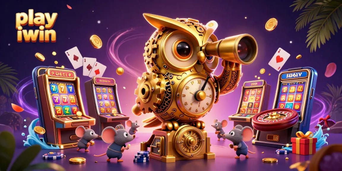 Play iwin now with a vibrant casino scene showcasing an animated owl and lively gaming elements.