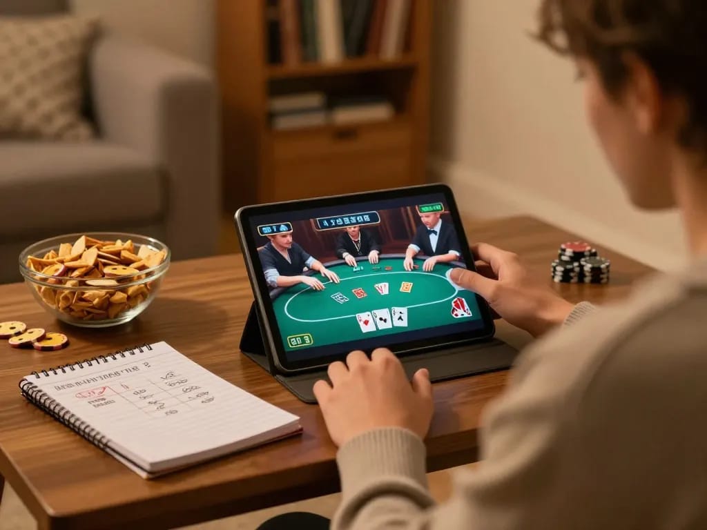 Player enjoying an online poker game on 99ok tablet, creating a relaxed gaming atmosphere.