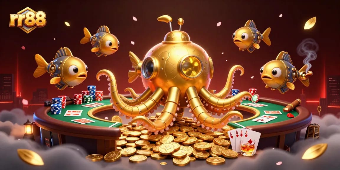 Experience thrilling gameplay with rr88, featuring a golden kraken submarine amidst poker action and gold coins.